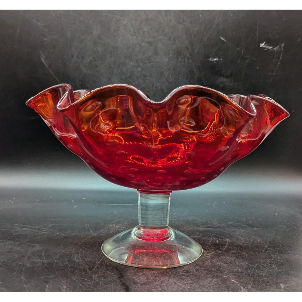 Vintage Bischoff Amberina Ruffled Compote Bowl Controlled Bubble‎ Fruit Bowl